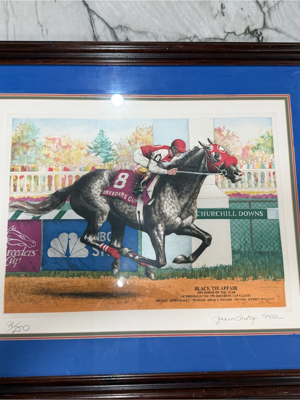 Framed Horse Racing Print in Blue Mat Featuring Black Tie Affair